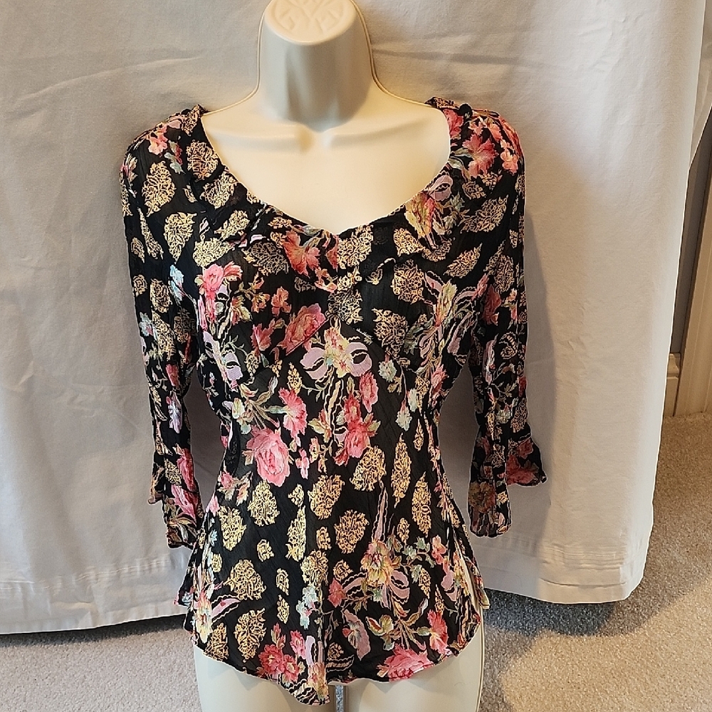 Angie Black Floral V-Neck Blouse with Pink and Cream Accents